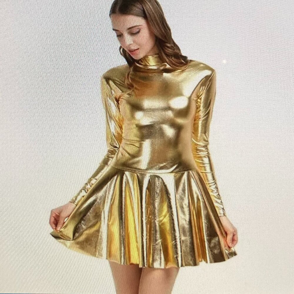 Gold Metallic Skater Dress w/Gold Tights - Women Size Small